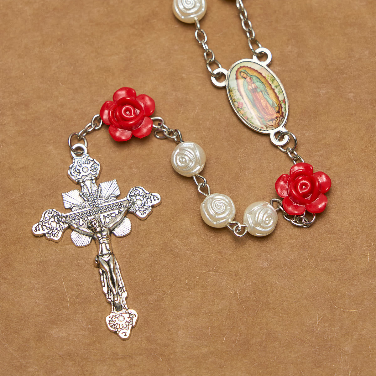 Graceful White and Red Rose Beads Rosary with Blessing Crucifix & Our Lady