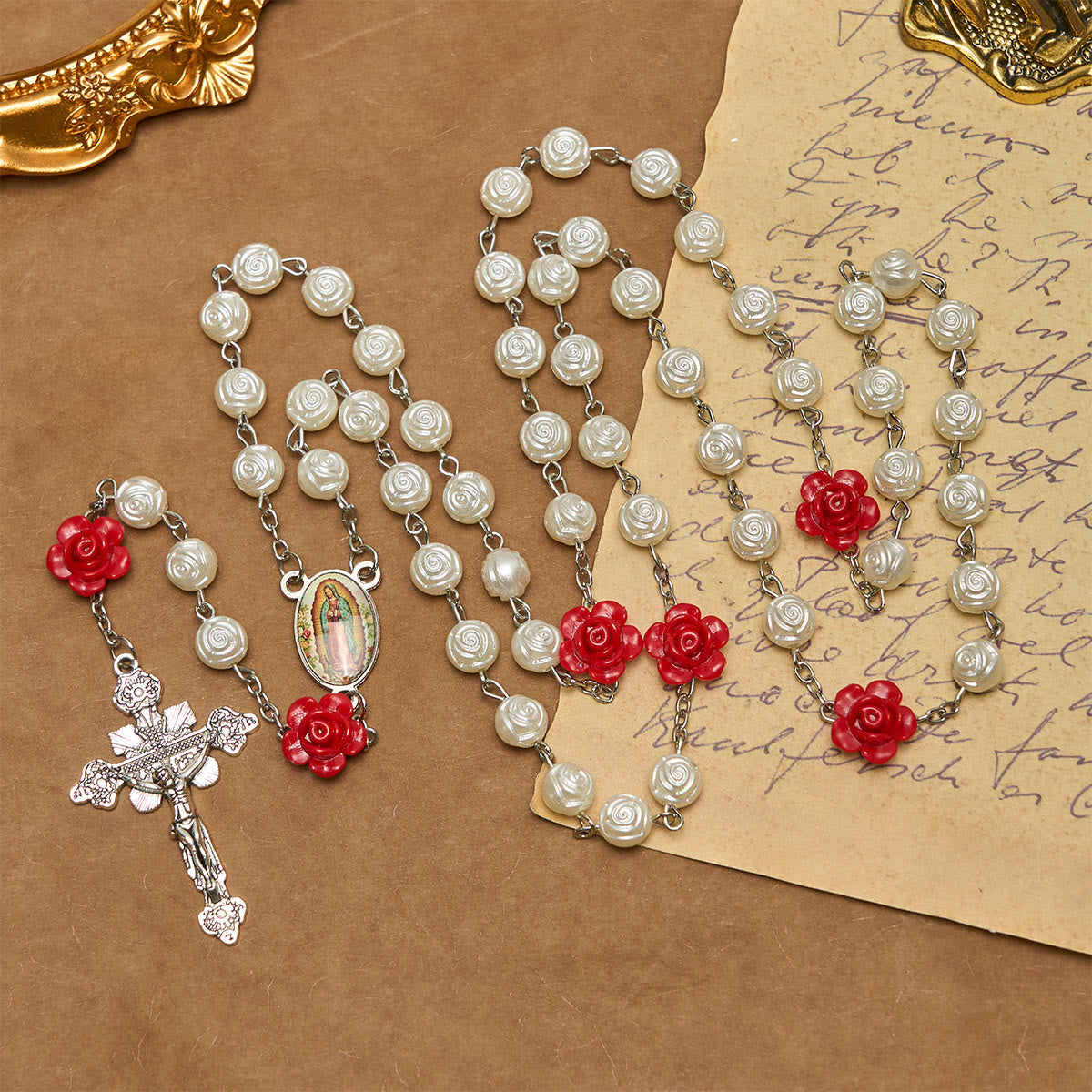 Graceful White and Red Rose Beads Rosary with Blessing Crucifix & Our Lady