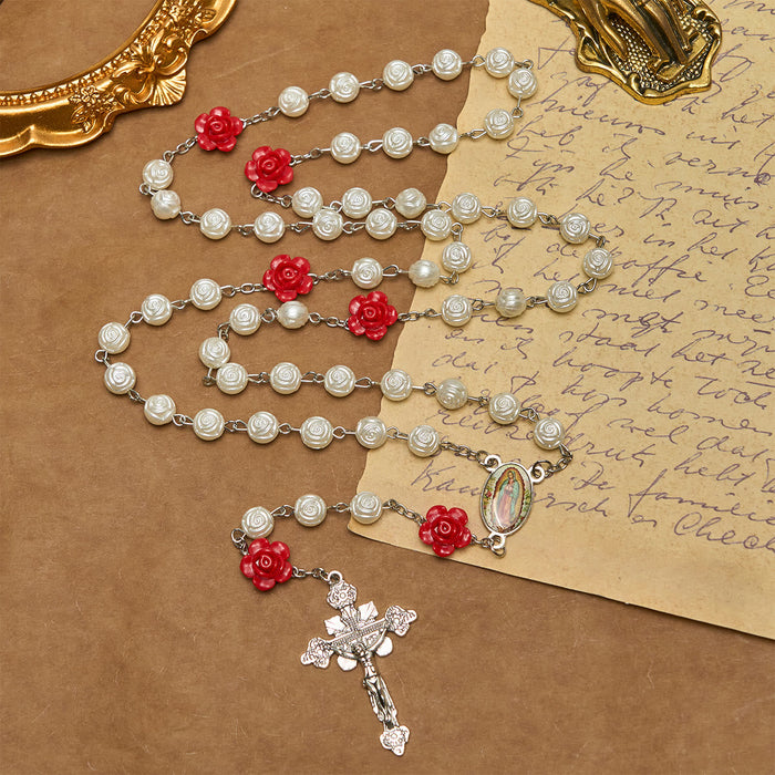 Graceful White and Red Rose Beads Rosary with Blessing Crucifix & Our Lady
