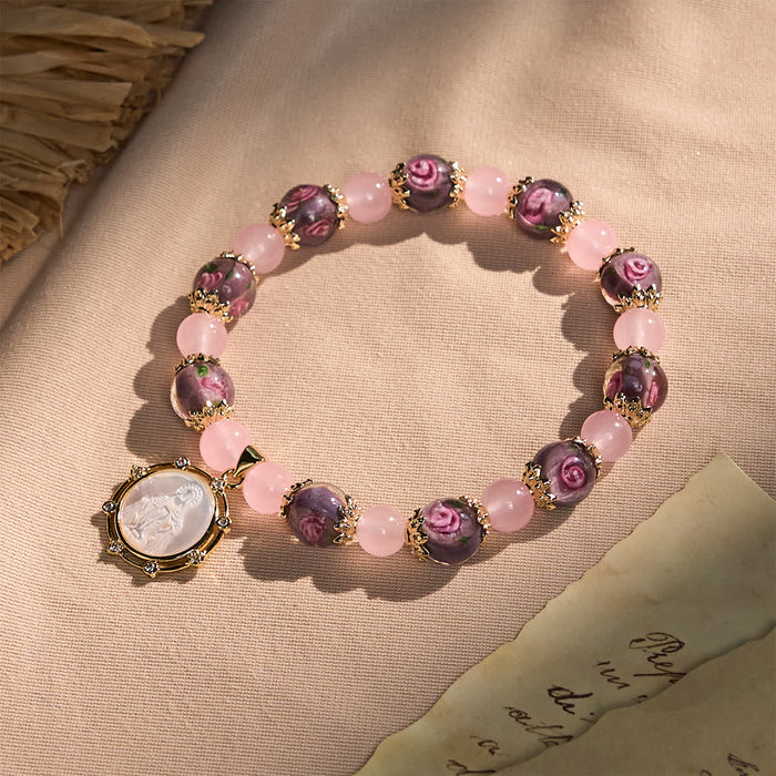 Handmade Rose Quartz Faith Crystal Bracelet with Narce Cameo of Virgin Mary