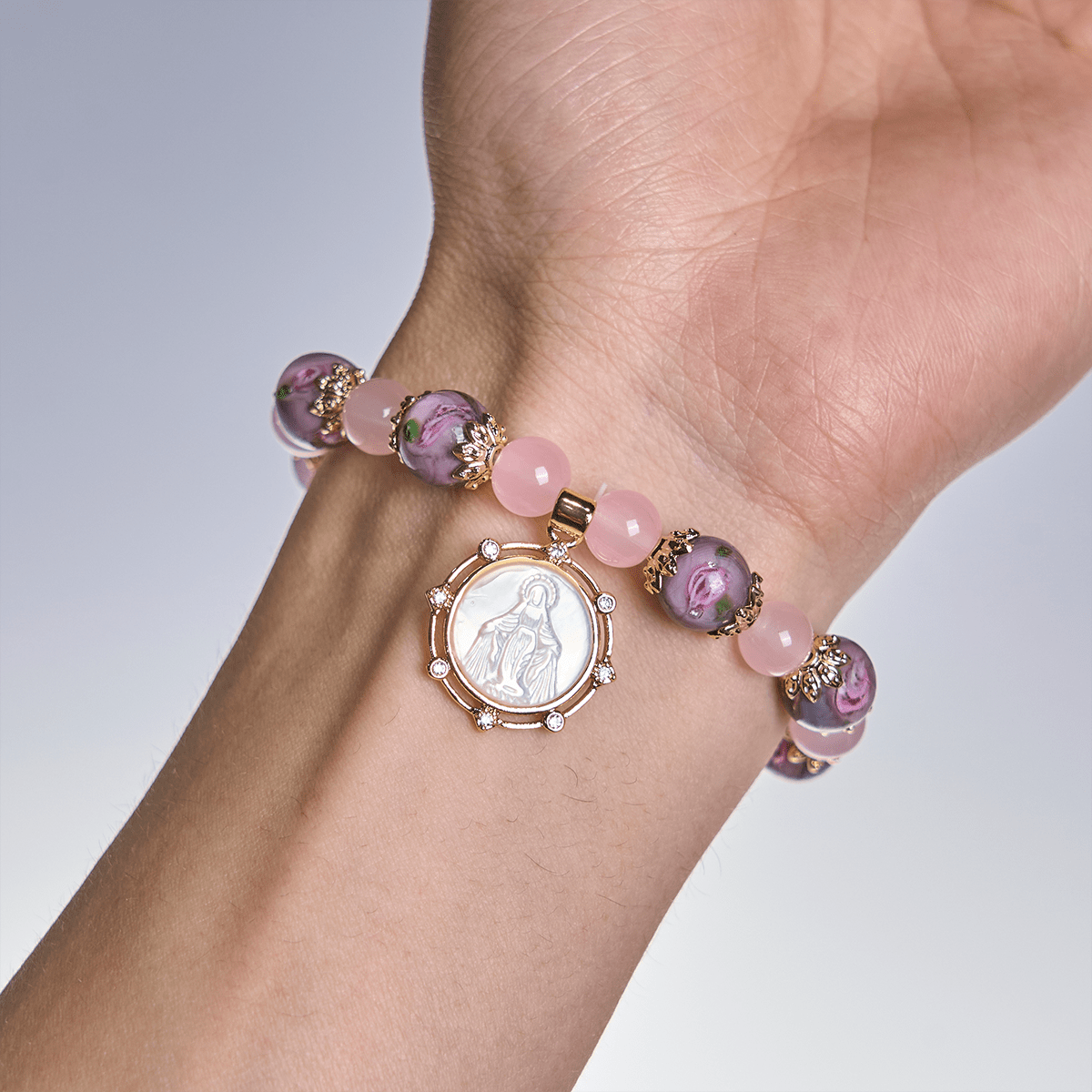 Handmade Rose Quartz Faith Crystal Bracelet with Narce Cameo of Virgin Mary