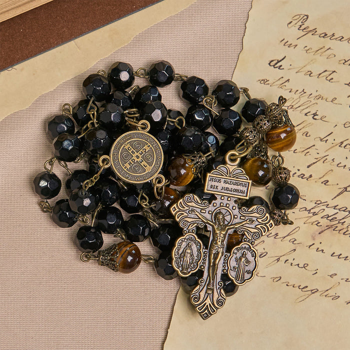 Vintage Obsidian Tiger Eye Beads Rosary with Pardon Crucifix & St. Benedict