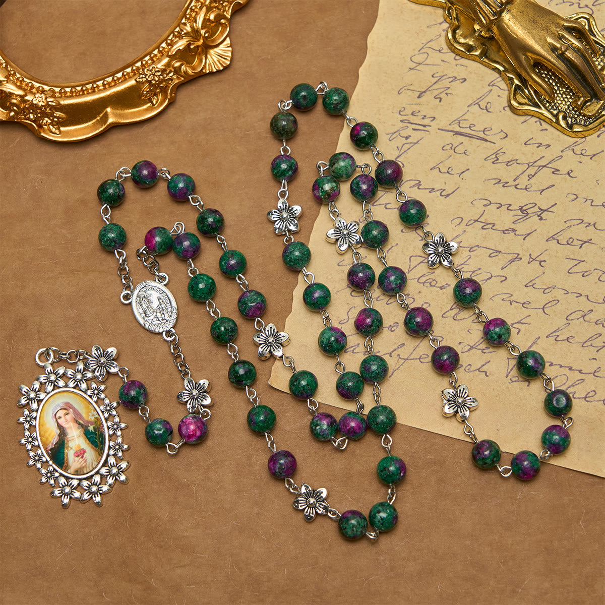 Exquisite Green Beads 7 Sorrows Rosary with Floral Charm and Miraculous Medal