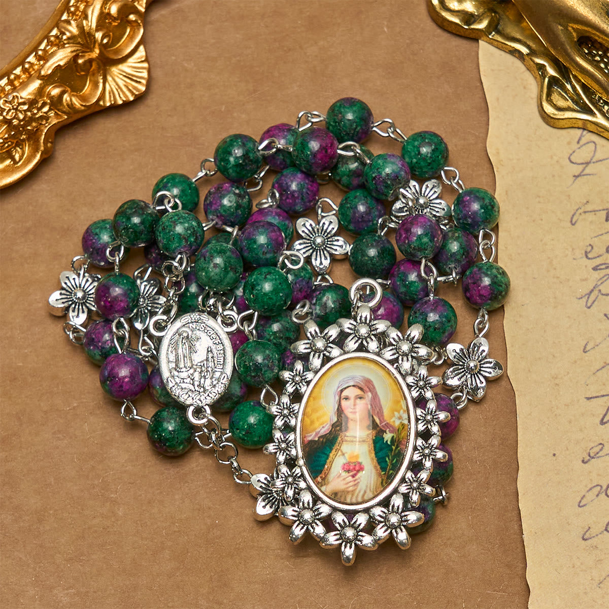 Exquisite Green Beads 7 Sorrows Rosary with Floral Charm and Miraculous Medal