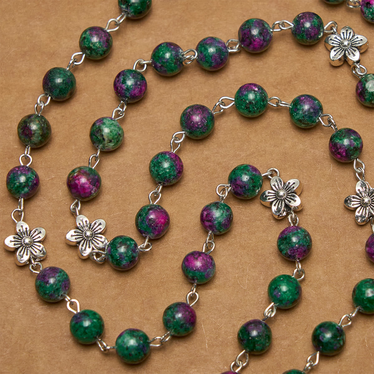 Exquisite Green Beads 7 Sorrows Rosary with Floral Charm and Miraculous Medal