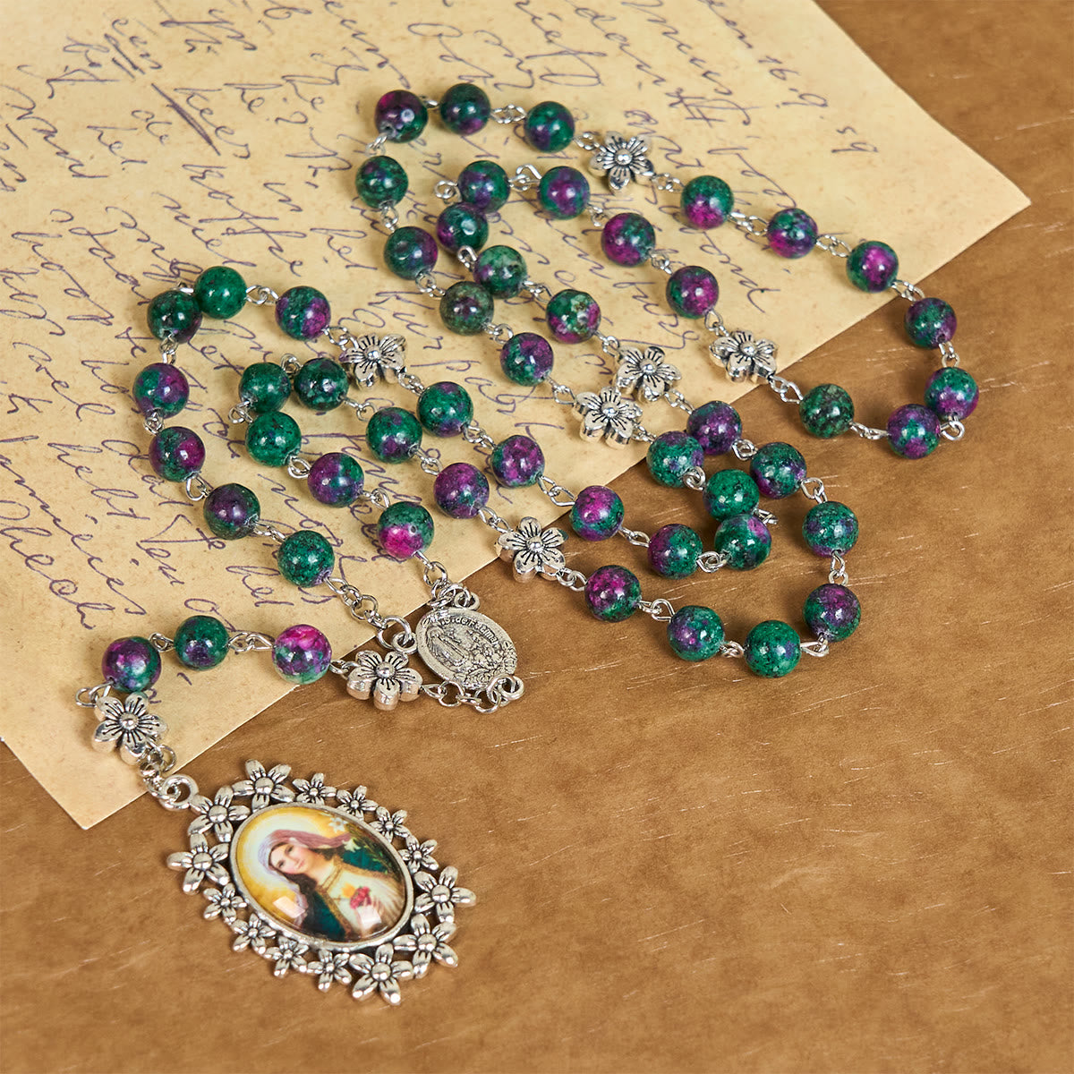 Exquisite Green Beads 7 Sorrows Rosary with Floral Charm and Miraculous Medal