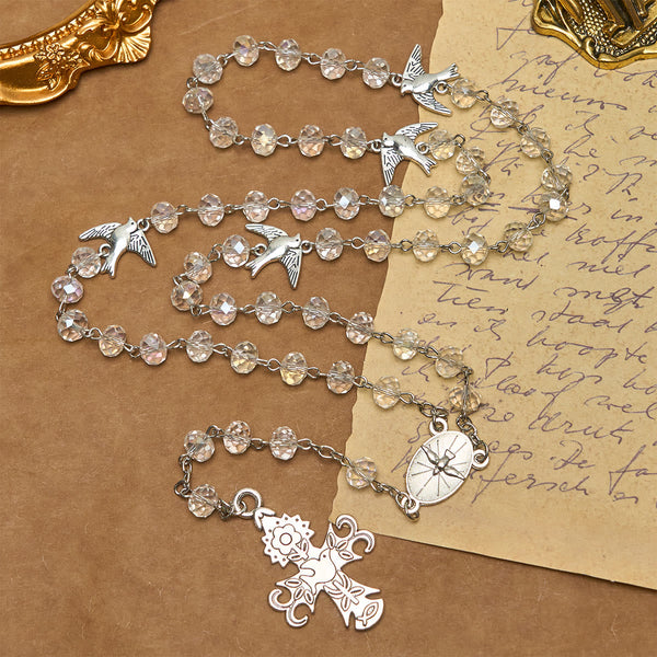 Clear Crystal Catholic Rosary with Holy Spirit Dove and Cross