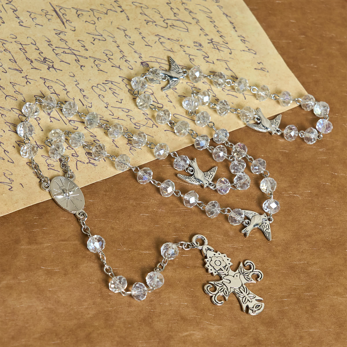 Clear Crystal Catholic Rosary with Holy Spirit Dove and Cross