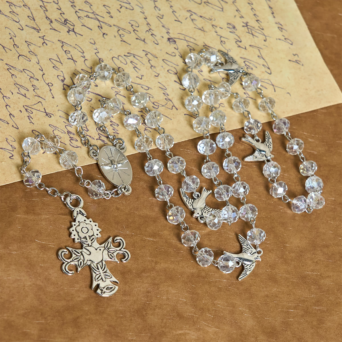 Clear Crystal Catholic Rosary with Holy Spirit Dove and Cross