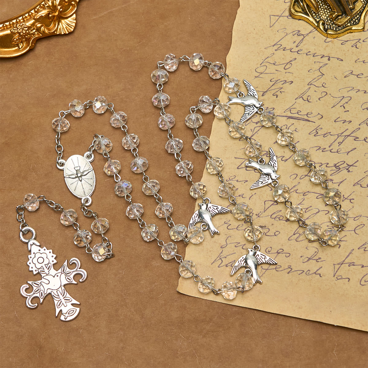 Clear Crystal Catholic Rosary with Holy Spirit Dove and Cross