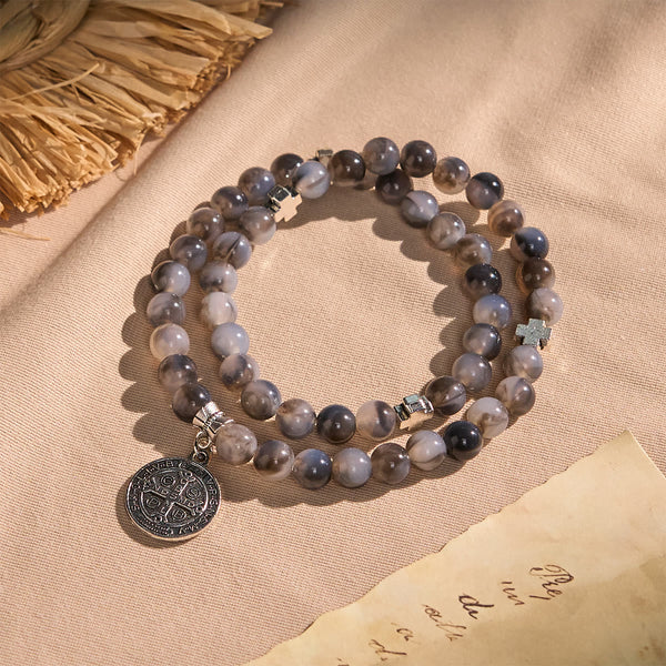 Gray Black Gradient Beads Bracelet Rosary with St. Benedict: Shield of Faith