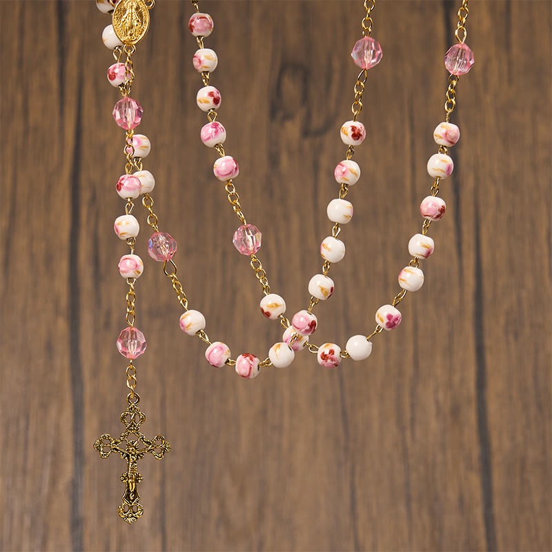 Miraculous Medal & Crucifix of 8 mm Round Floral Pink Ceramic Alloy Chain Rosary