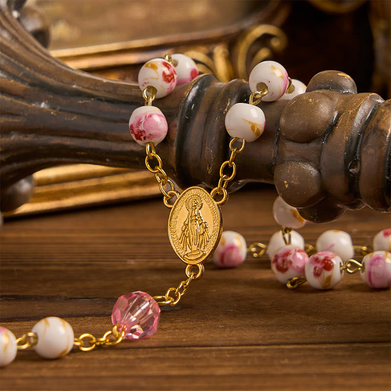 Miraculous Medal & Crucifix of 8 mm Round Floral Pink Ceramic Alloy Chain Rosary