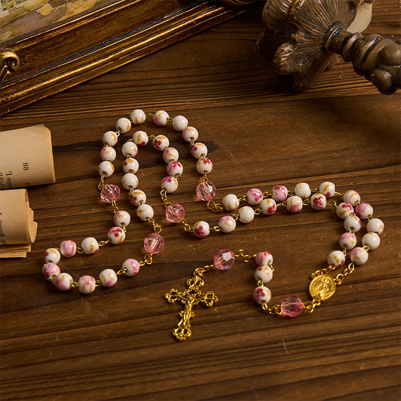Miraculous Medal & Crucifix of 8 mm Round Floral Pink Ceramic Alloy Chain Rosary
