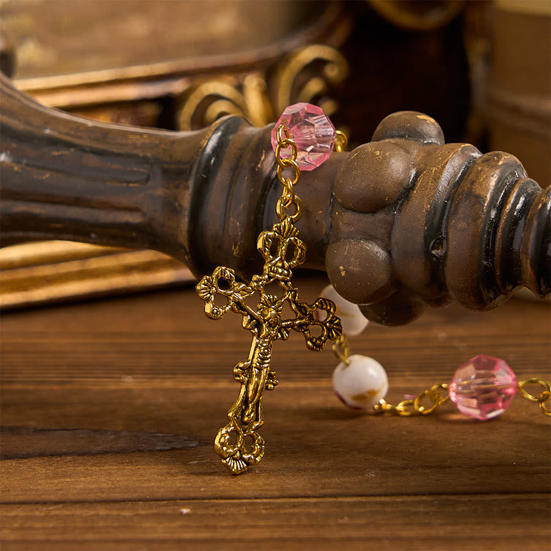 Miraculous Medal & Crucifix of 8 mm Round Floral Pink Ceramic Alloy Chain Rosary