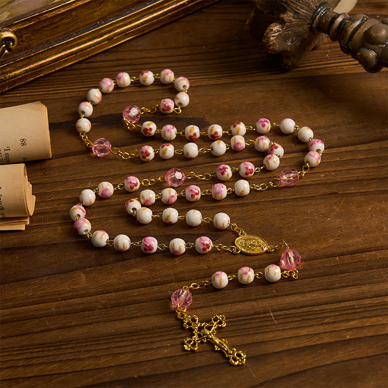 Miraculous Medal & Crucifix of 8 mm Round Floral Pink Ceramic Alloy Chain Rosary