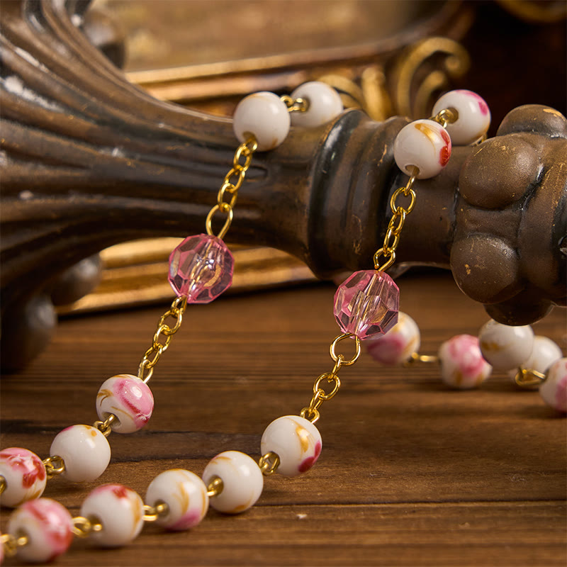 Miraculous Medal & Crucifix of 8 mm Round Floral Pink Ceramic Alloy Chain Rosary