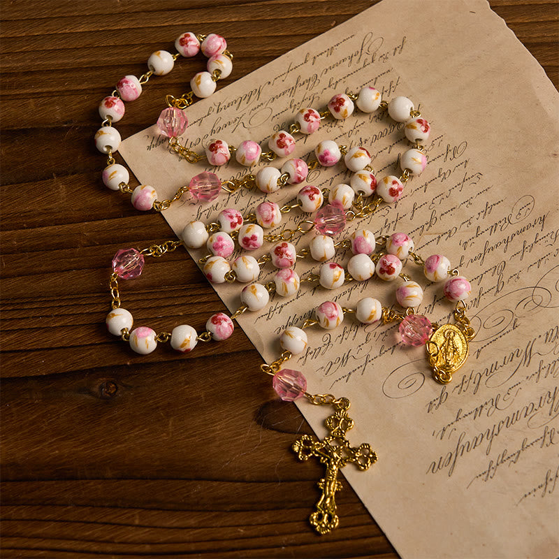 Miraculous Medal & Crucifix of 8 mm Round Floral Pink Ceramic Alloy Chain Rosary