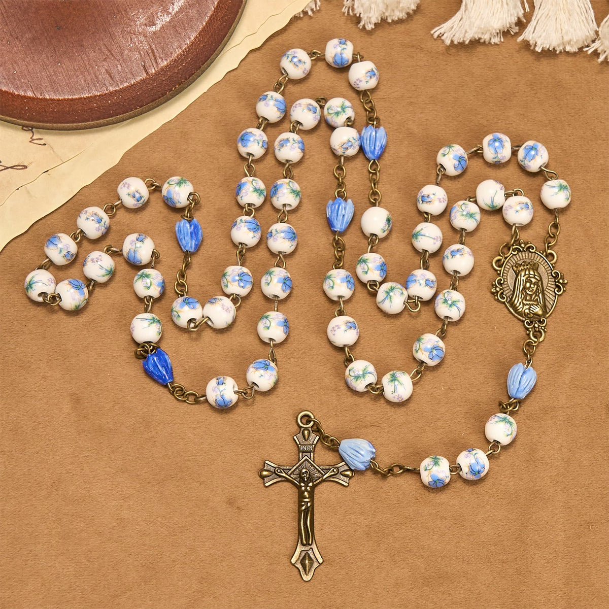 Immaculate Heart of Mary & Crucifix of 8 mm Round Floral Acrylic Alloy Chain Rosary