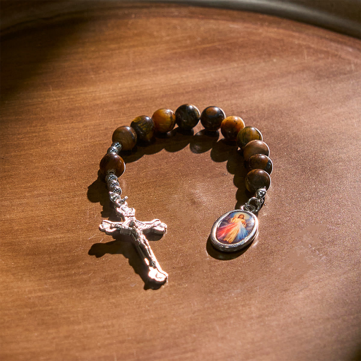 Compact Tiger Eye Pocket Rosary with Crucifix & Divine Mercy for Daily Prayers
