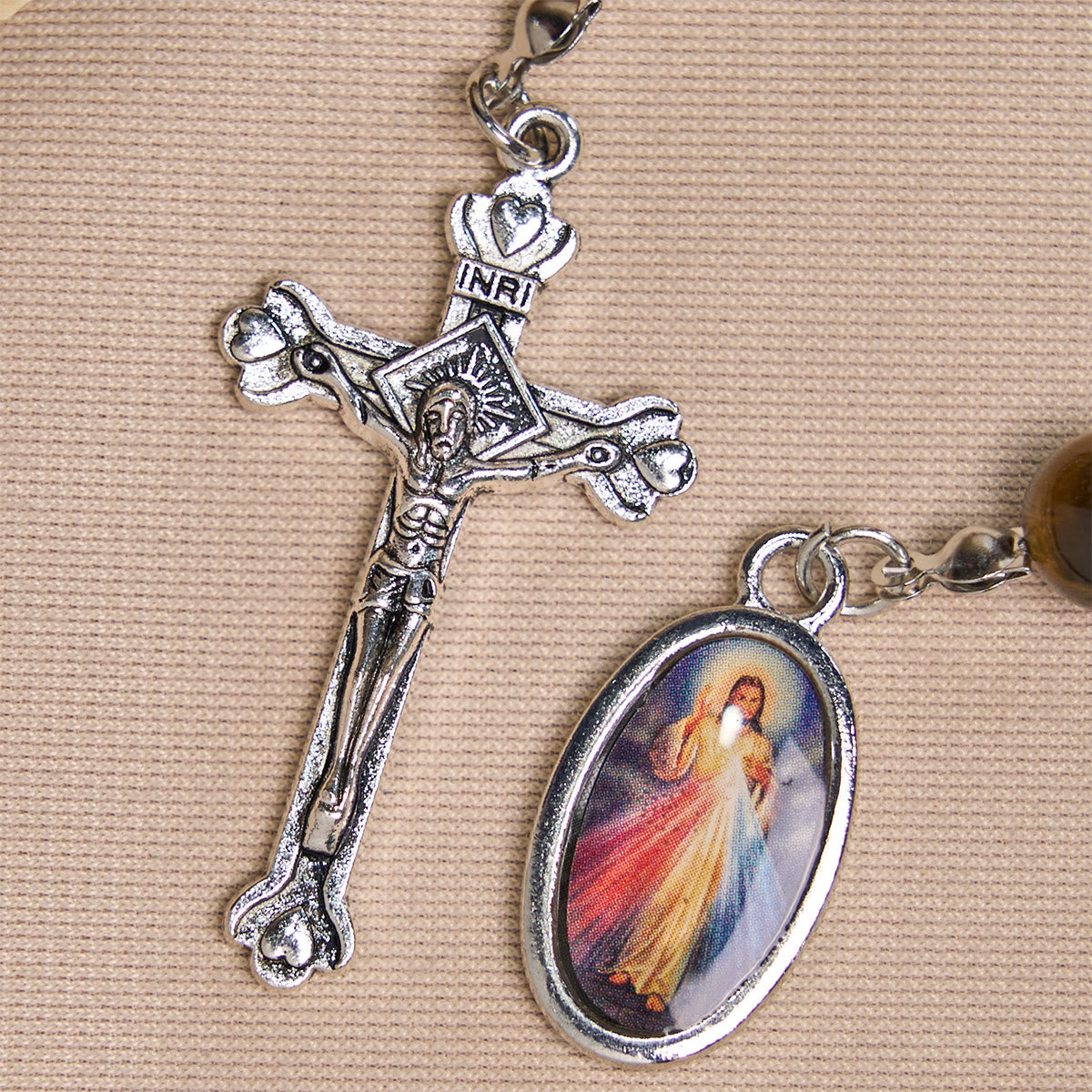 Compact Tiger Eye Pocket Rosary with Crucifix & Divine Mercy for Daily Prayers