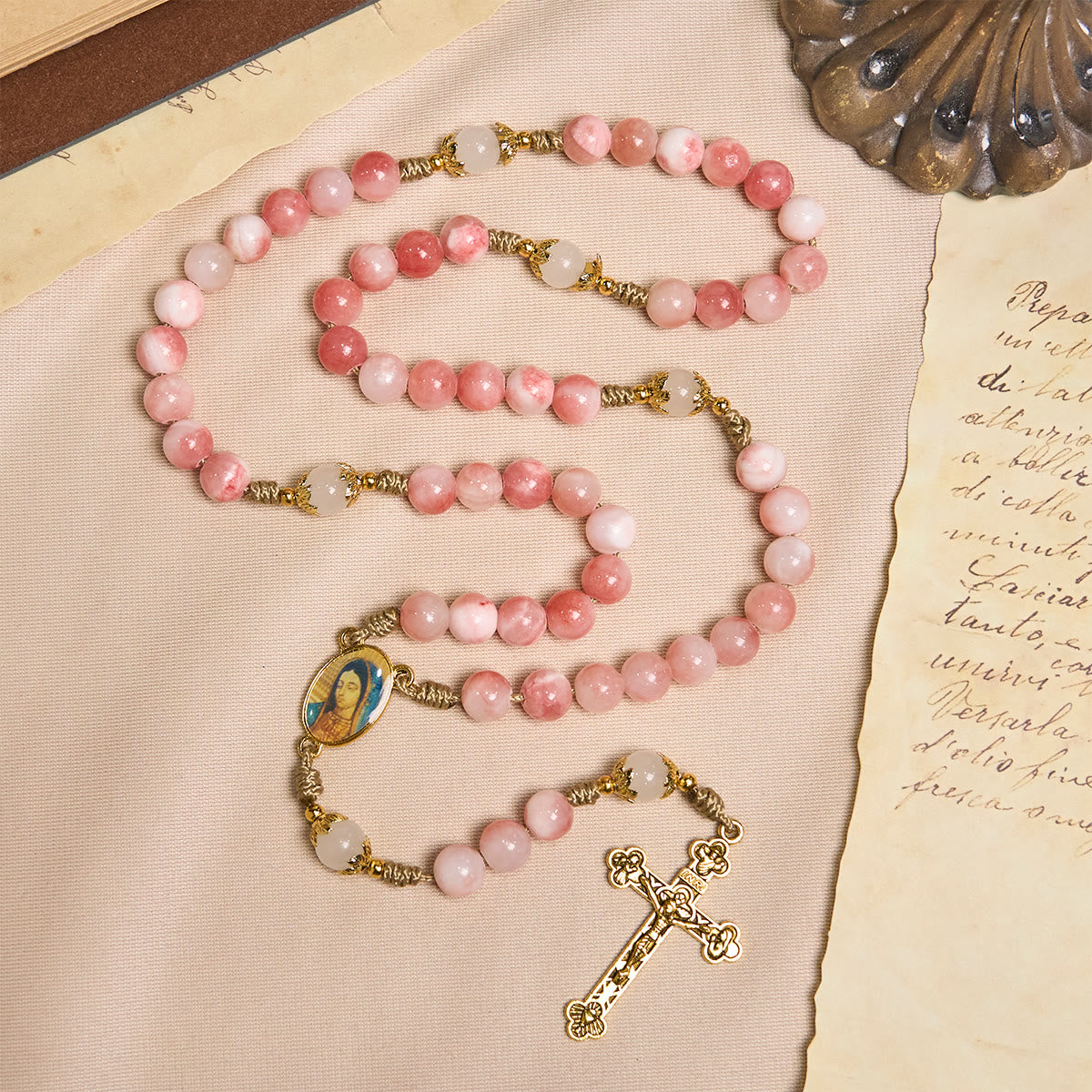 PRAYERFUL FAITH: Handmade Pink Glossy Beads Rosary with Gift Card