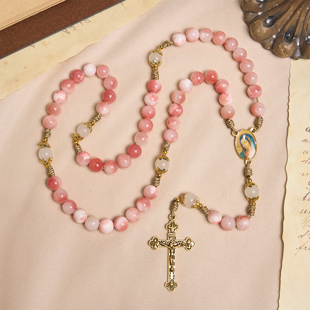 PRAYERFUL FAITH: Handmade Pink Glossy Beads Rosary with Gift Card