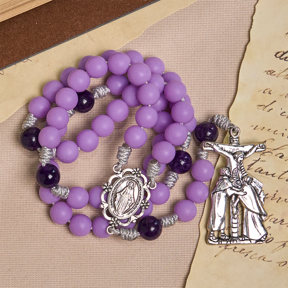 Lavender Matte Rosary Adorned with Crucifix Scene and Miraculous Medal