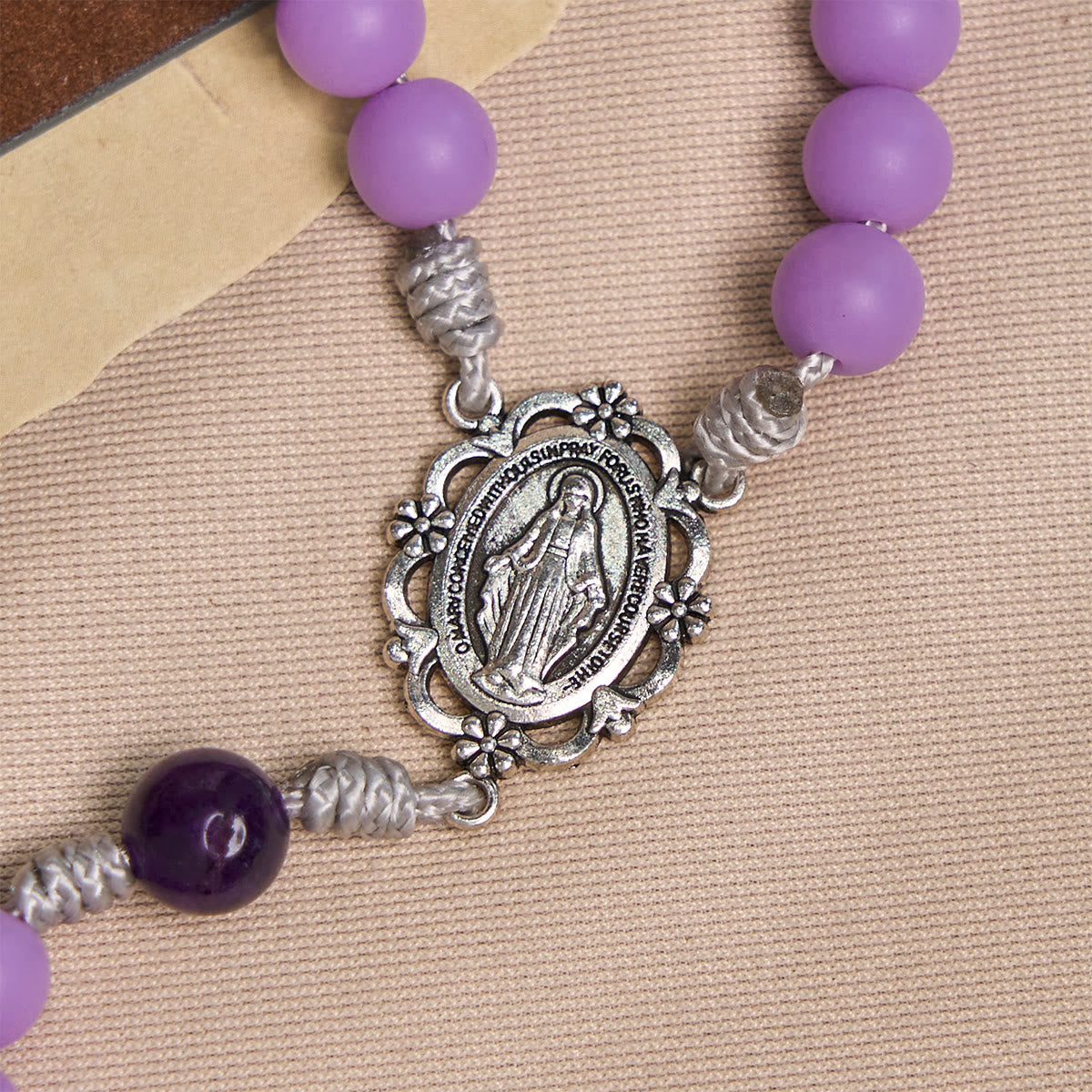 Lavender Matte Rosary Adorned with Crucifix Scene and Miraculous Medal