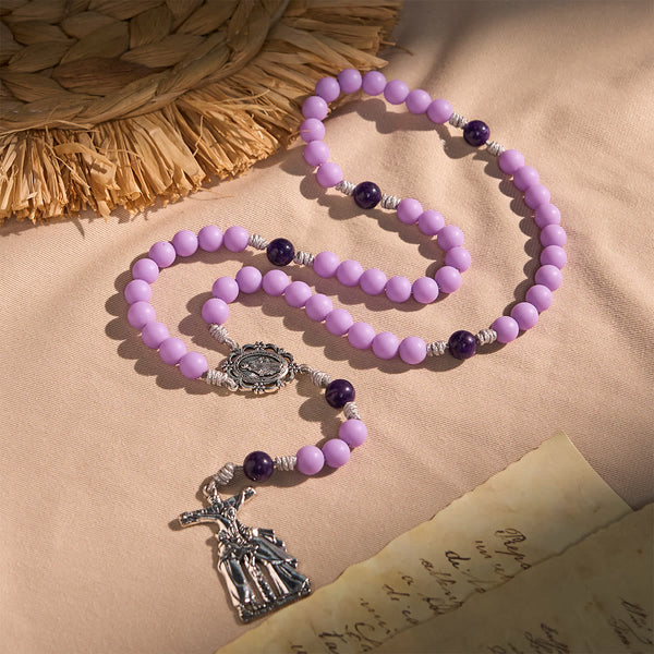 Lavender Matte Rosary Adorned with Crucifix Scene and Miraculous Medal
