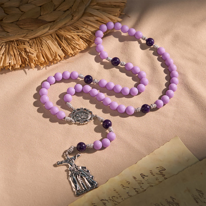 Lavender Matte Rosary Adorned with Crucifix Scene and Miraculous Medal