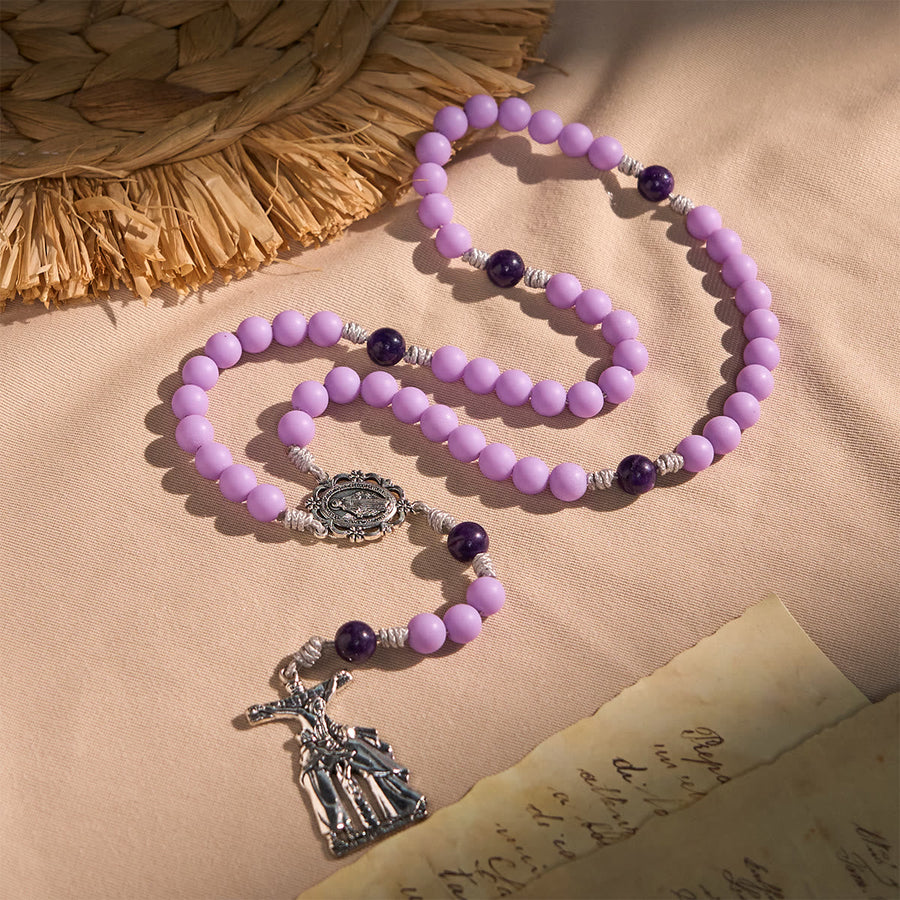 Lavender Matte Rosary Adorned with Crucifix Scene and Miraculous Medal