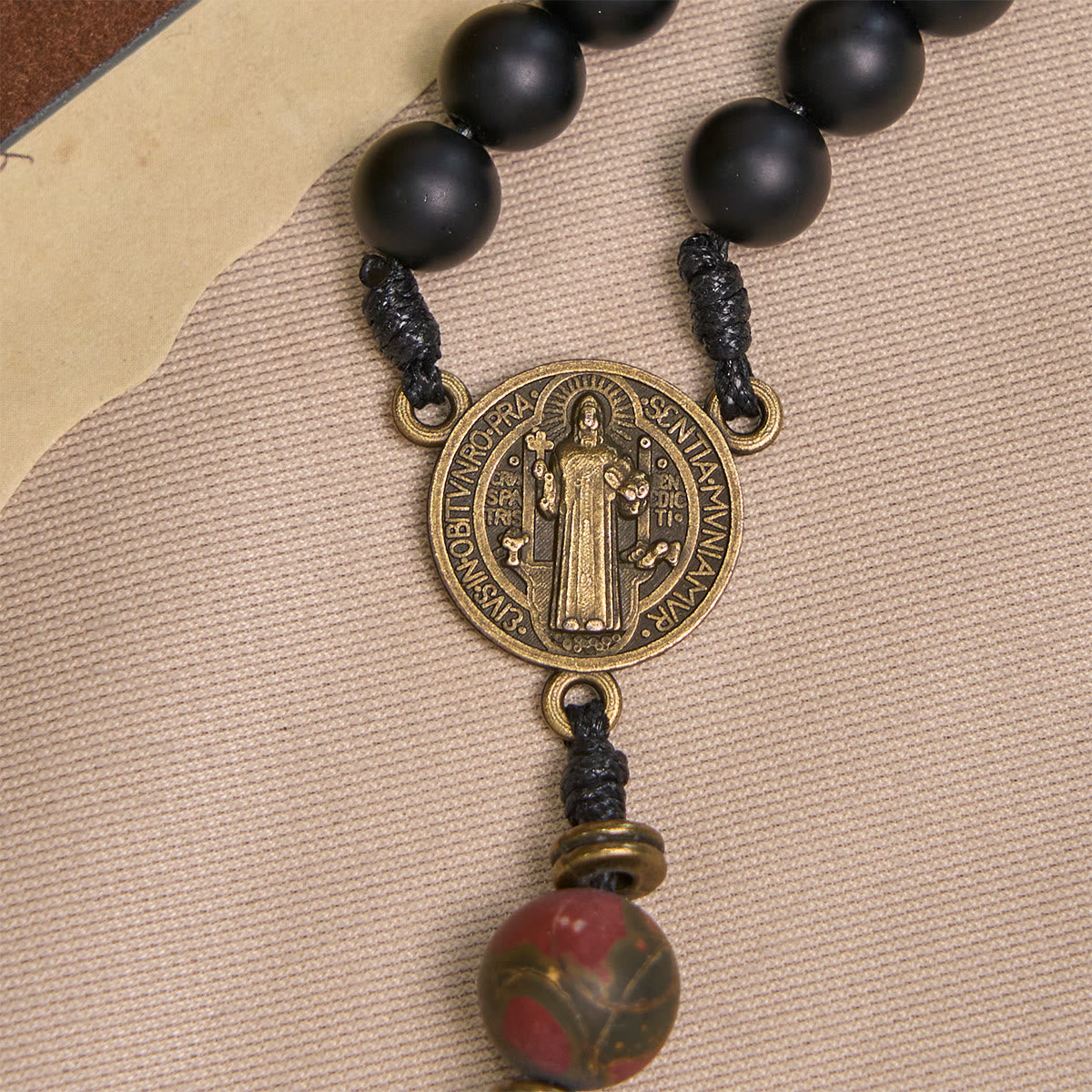 Handcrafted Matte Black and Earth-Tone Rosary Featuring St. Benedict