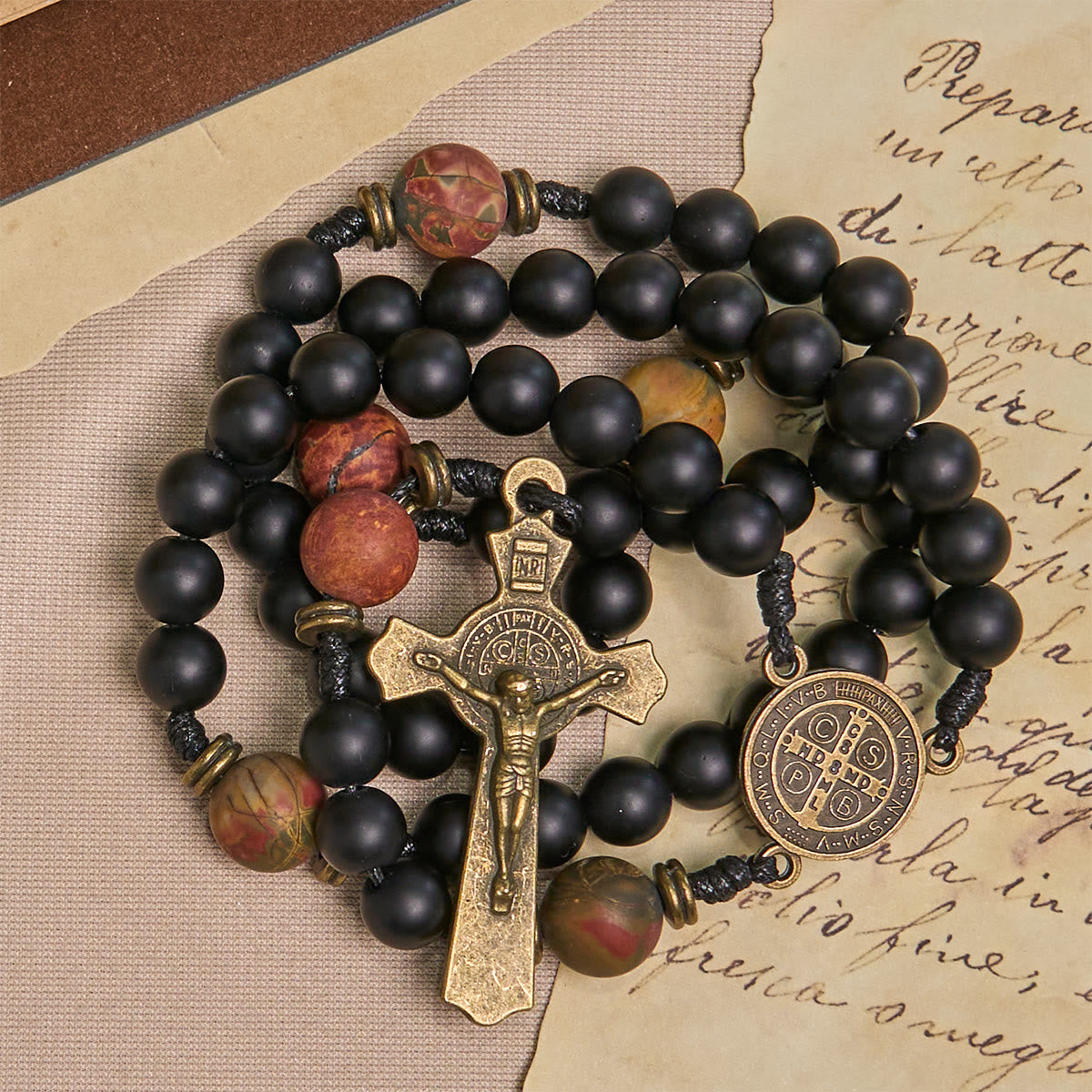 PRAYERFUL FAITH:Handcrafted Matte Black and Earth-Tone Rosary with Gift Card