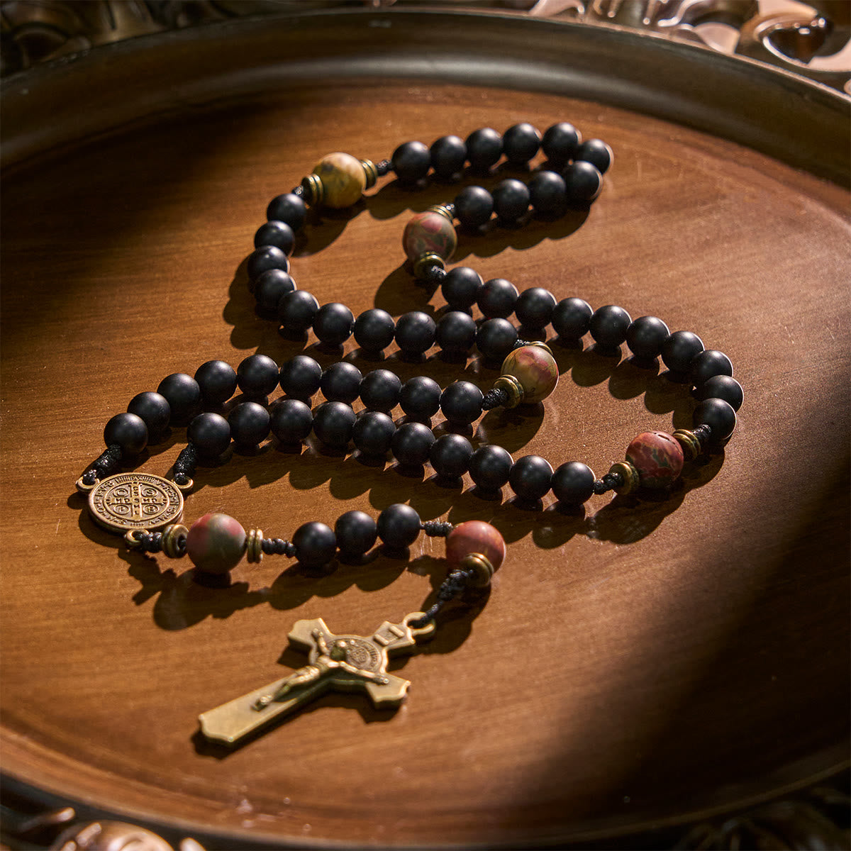 PRAYERFUL FAITH:Handcrafted Matte Black and Earth-Tone Rosary with Gift Card