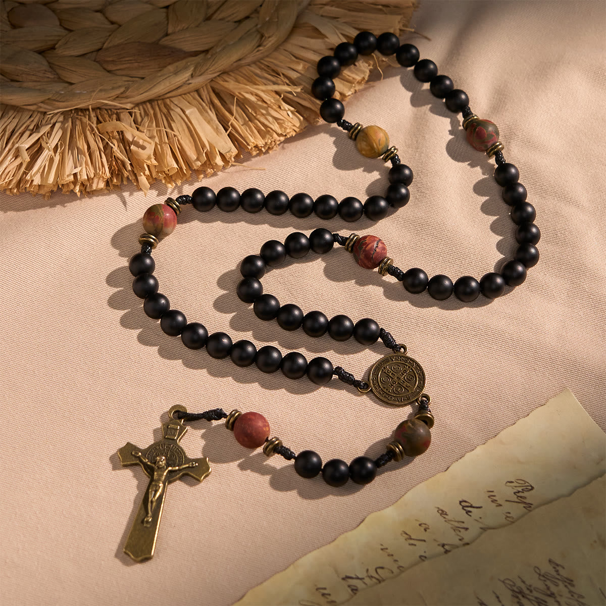 Handcrafted Matte Black and Earth-Tone Rosary Featuring St. Benedict