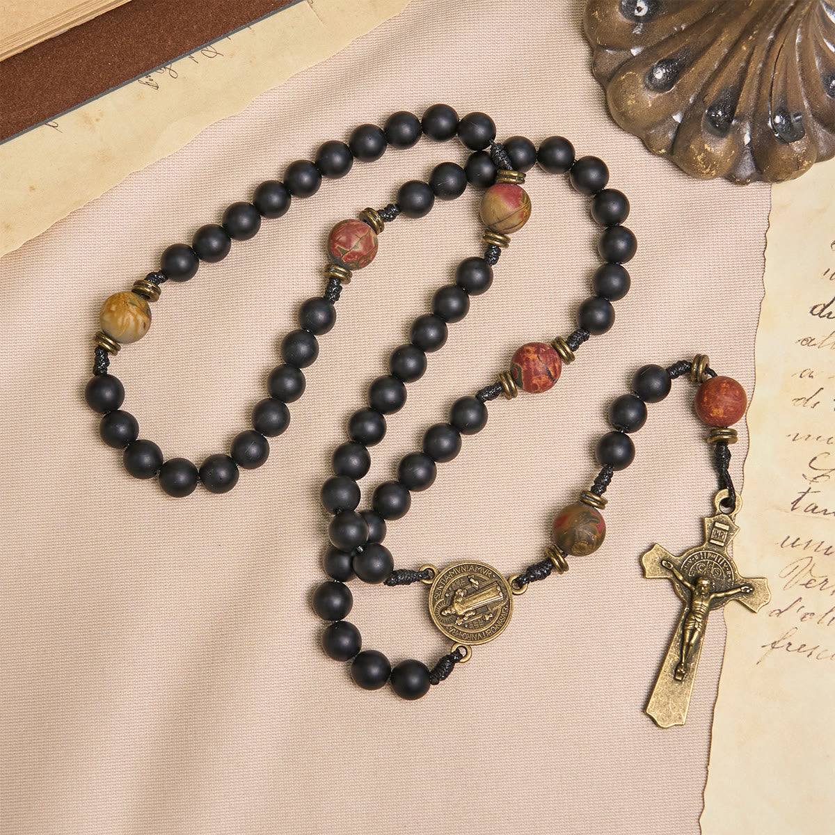 PRAYERFUL FAITH:Handcrafted Matte Black and Earth-Tone Rosary with Gift Card