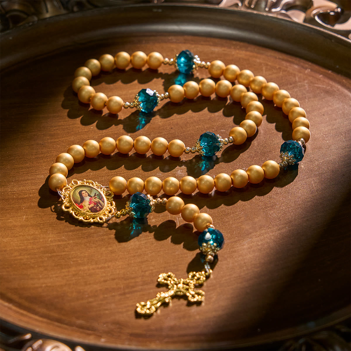 Elegant Matte Golden Pearl Rosary with St. Therese and Crucifix