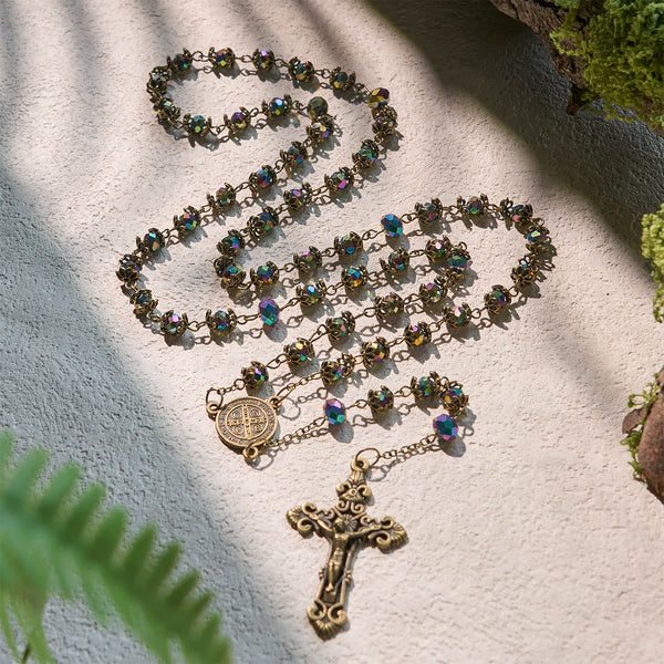 Faithful Hematite Rosary Featuring Bronze Crucifix and Saint Benedict Charm