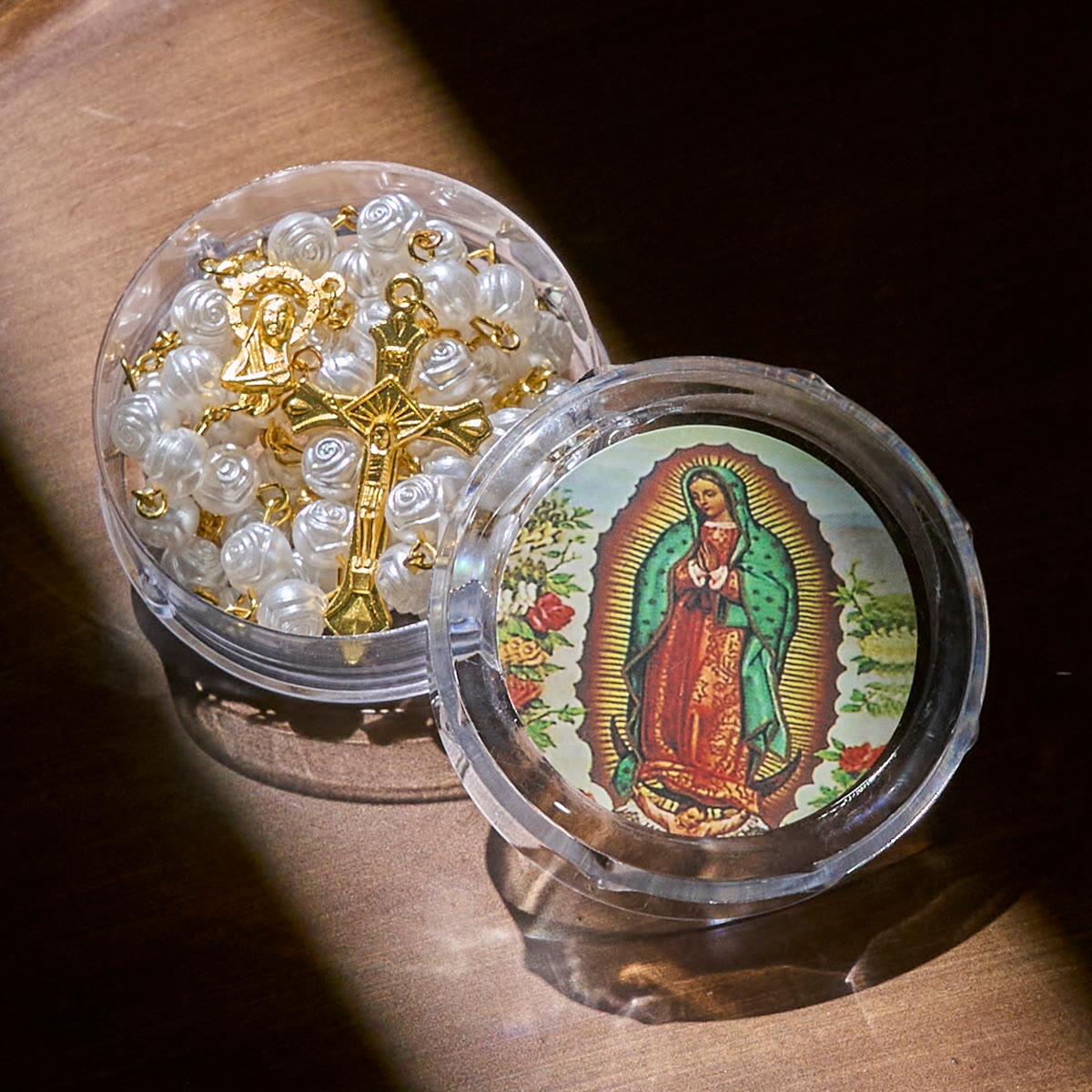 Elegant White Rose Devotional Beads Rosary with Our Lady Box for Blessings