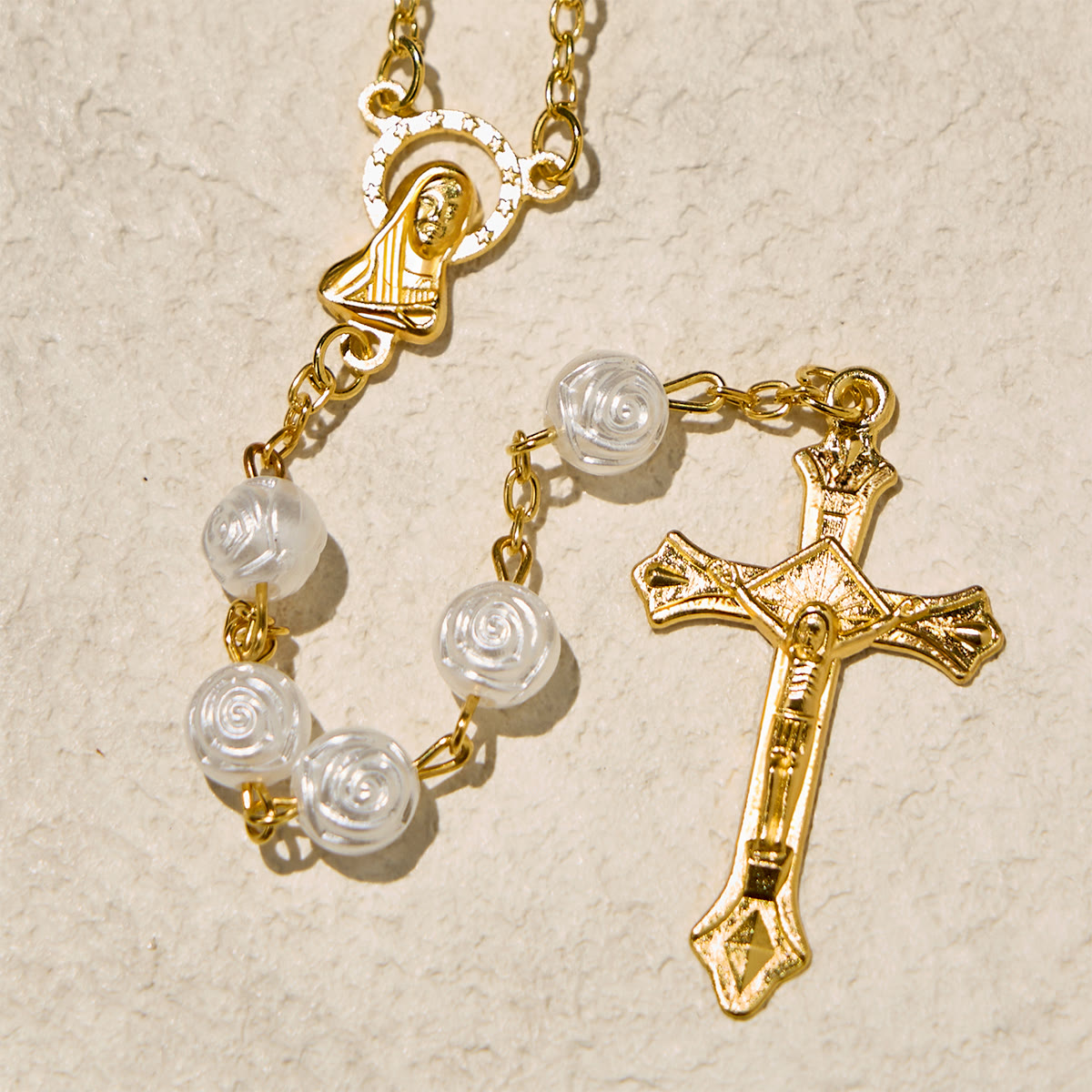 Elegant White Rose Devotional Beads Rosary with Our Lady Box for Blessings