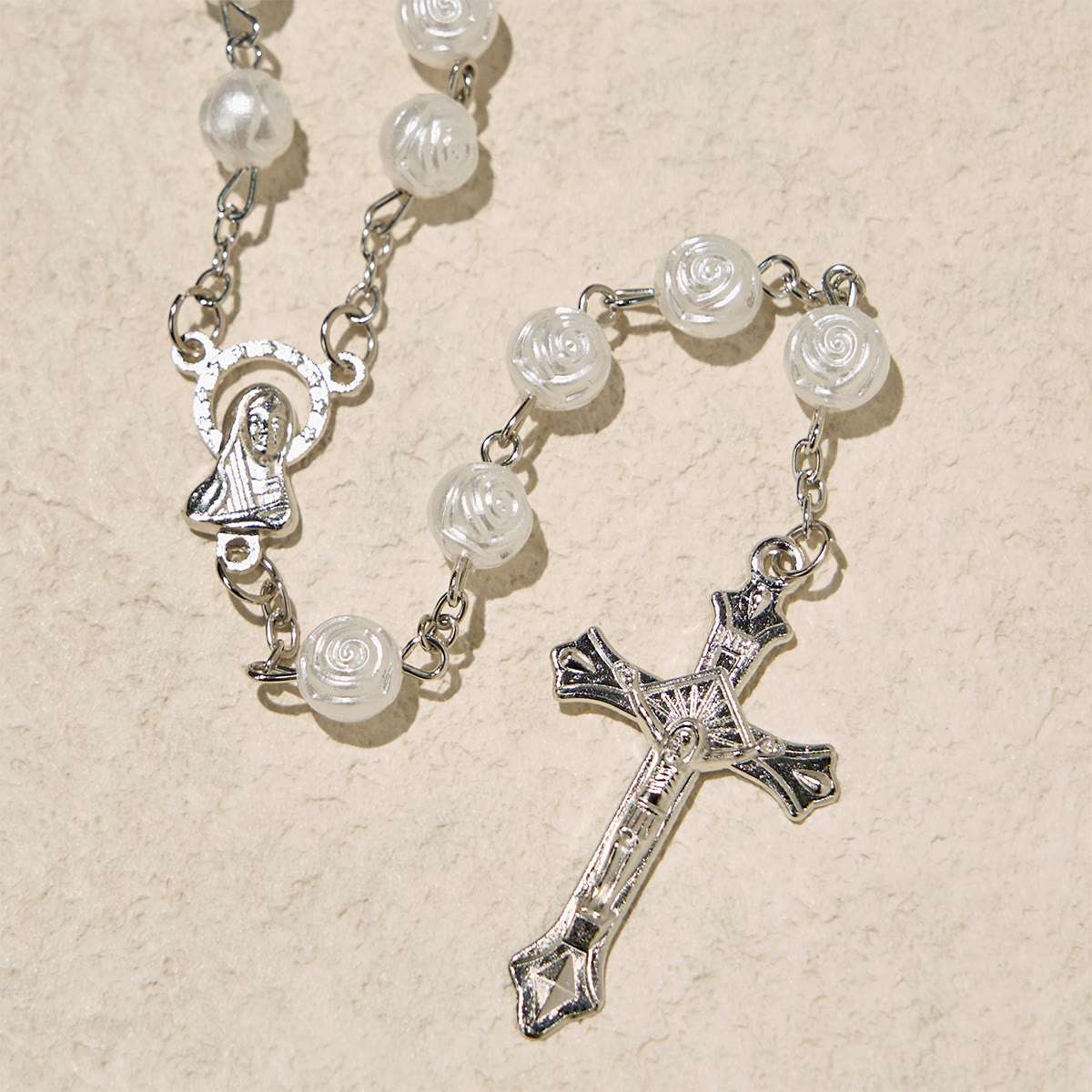 Elegant White Rose Devotional Beads Rosary with Our Lady Box for Blessings