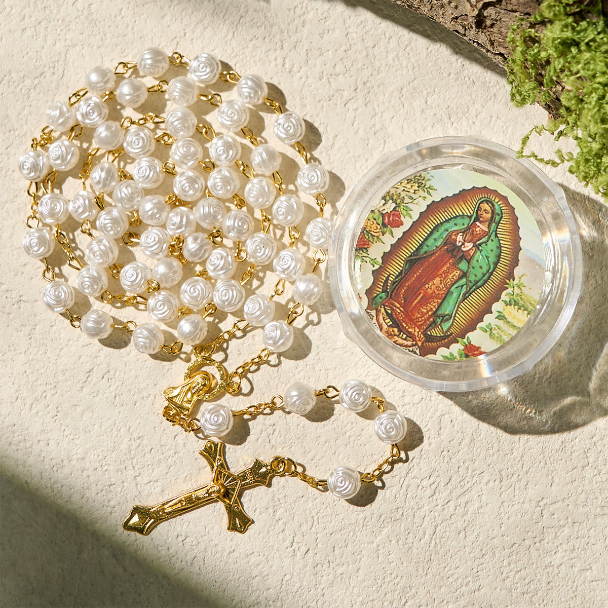 Elegant White Rose Devotional Beads Rosary with Our Lady Box for Blessings
