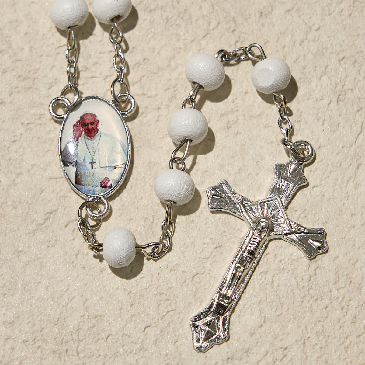 Divine Wooden Rosary in Red and White with Pope Francis Blessing Case