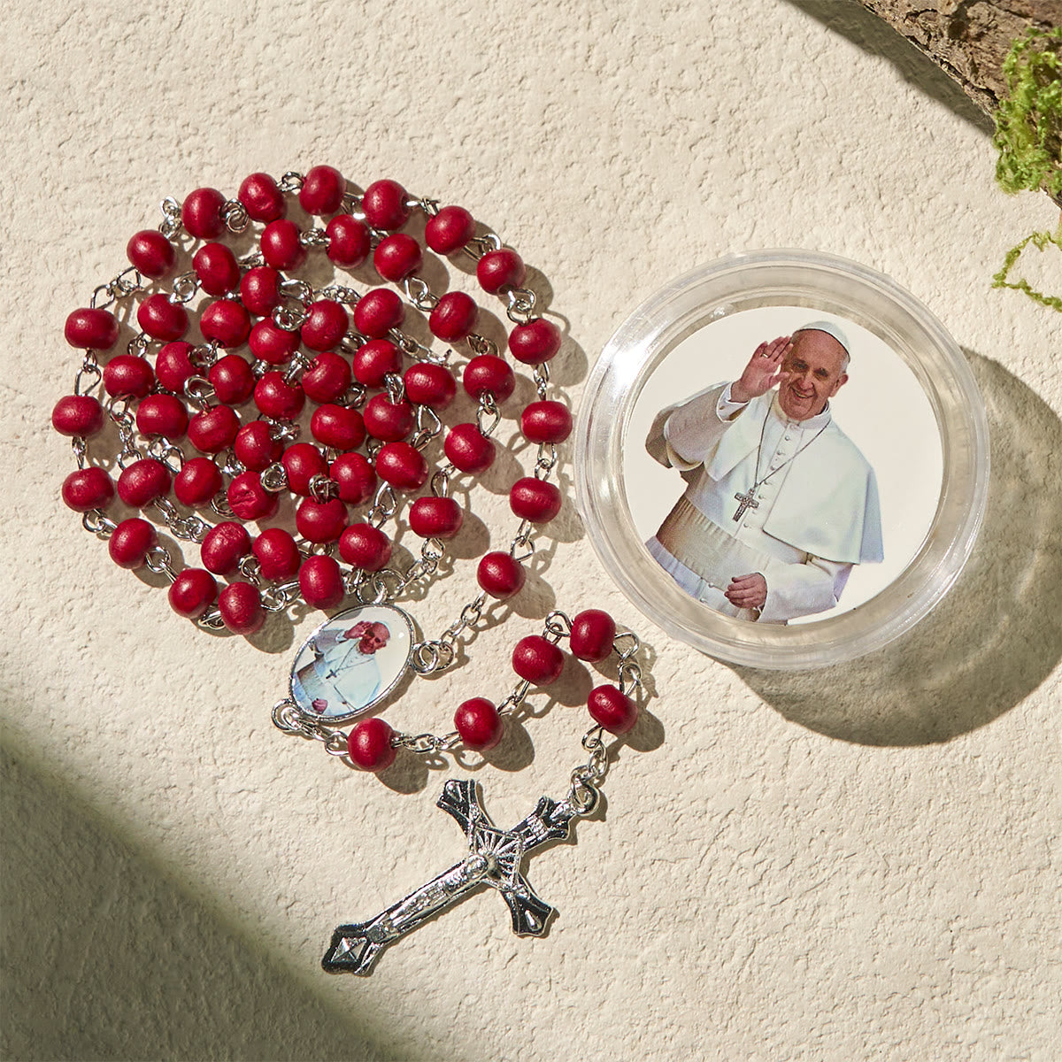Divine Wooden Rosary in Red and White with Pope Francis Blessing Case