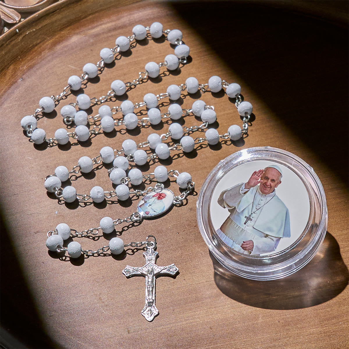 Divine Wooden Rosary in Red and White with Pope Francis Blessing Case