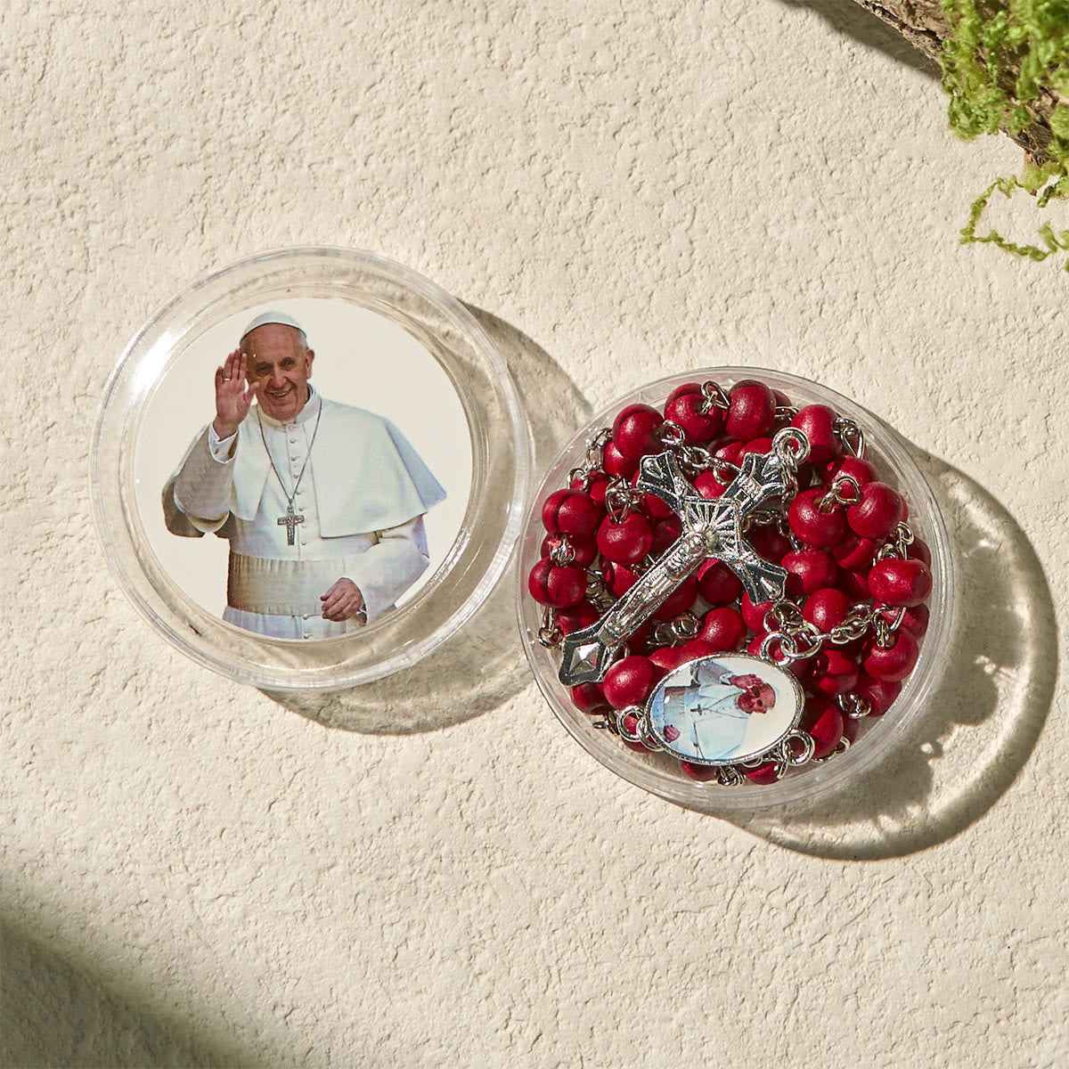 Divine Wooden Rosary in Red and White with Pope Francis Blessing Case