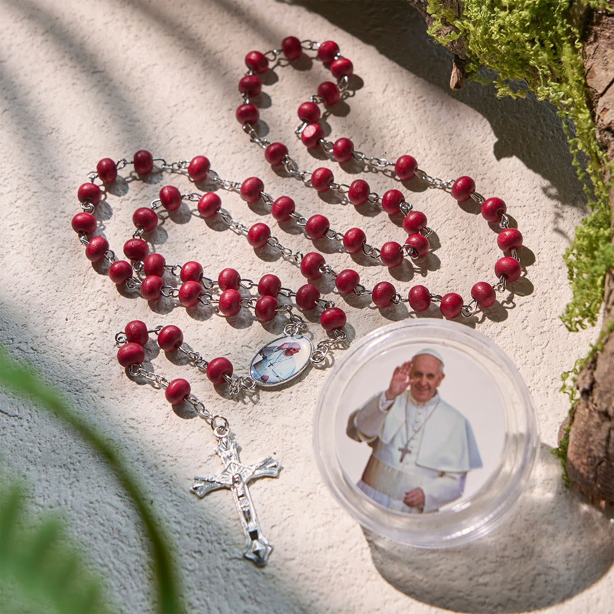 Divine Wooden Rosary in Red and White with Pope Francis Blessing Case