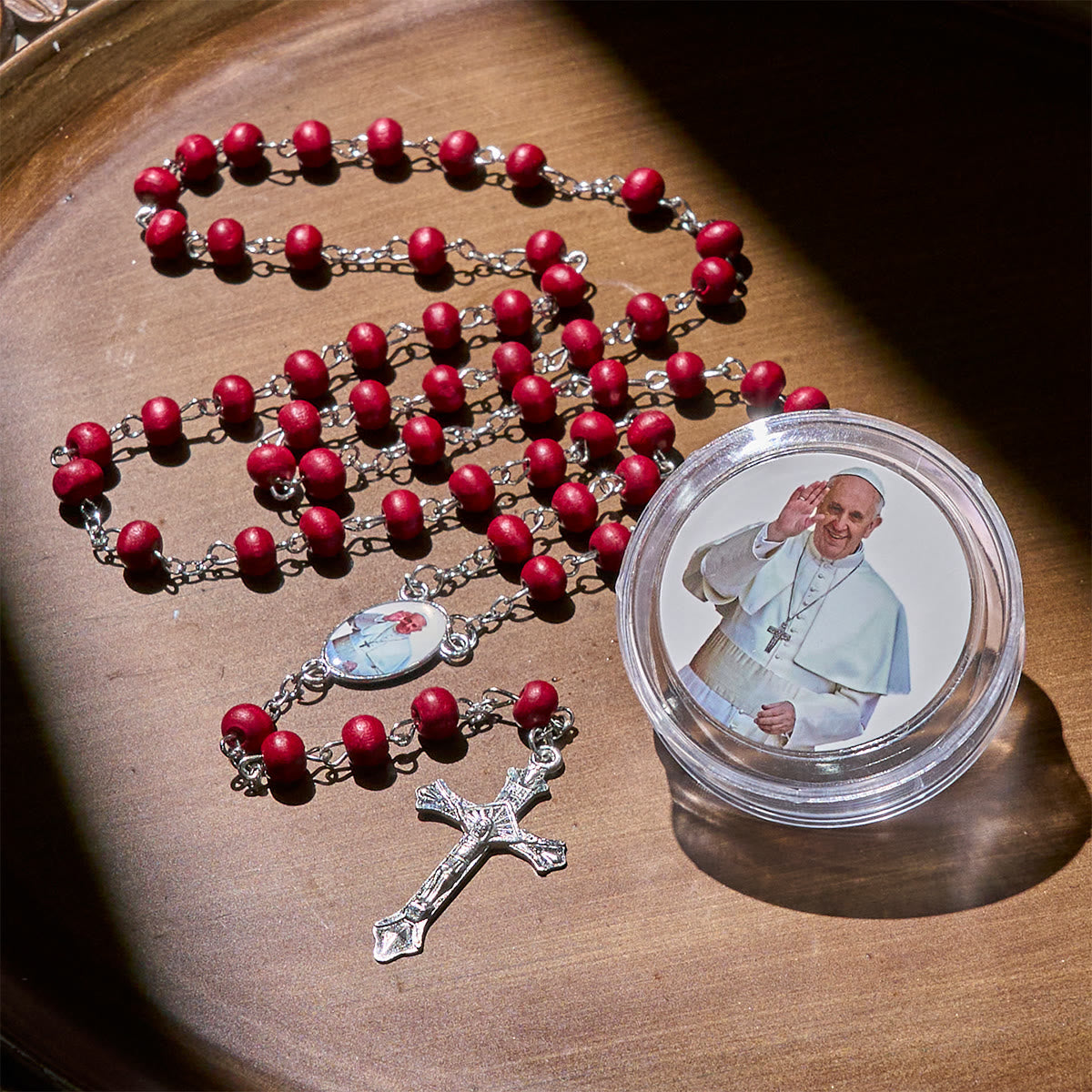 Divine Wooden Rosary in Red and White with Pope Francis Blessing Case