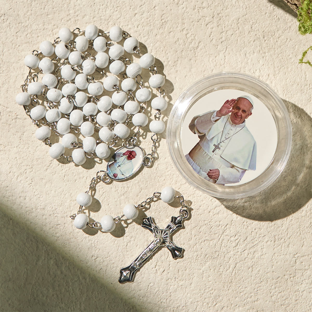Divine Wooden Rosary in Red and White with Pope Francis Blessing Case